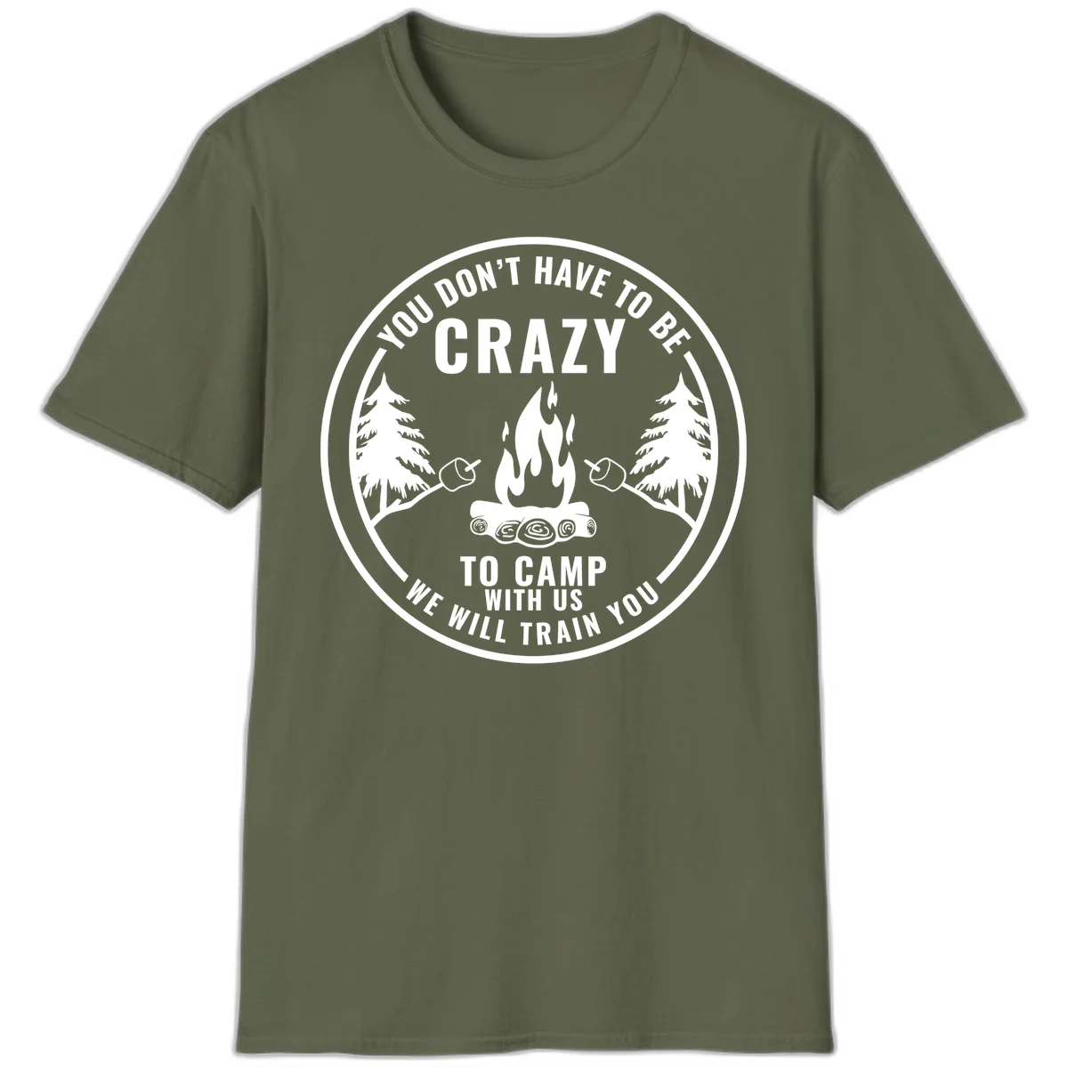 Circular badge design with campfire, pine trees, and marshmallows on sticks with humorous camping text about training crazy campers in Military Green