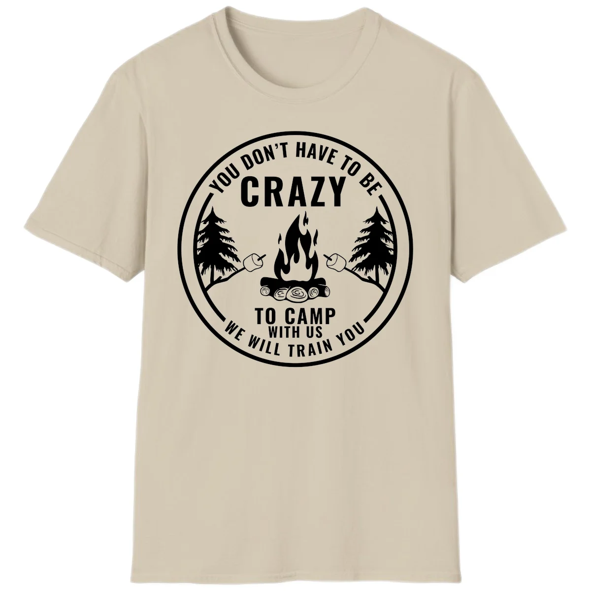 Circular badge design with campfire, pine trees, and marshmallows on sticks with humorous camping text about training crazy campers in Sand