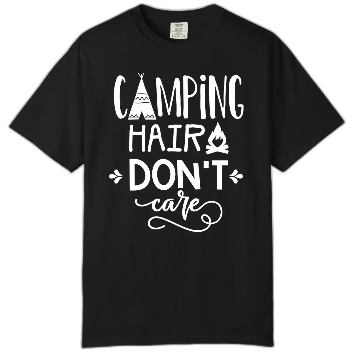 Camping hair don't care design with teepee, campfire, and decorative leaves on gray background in Black