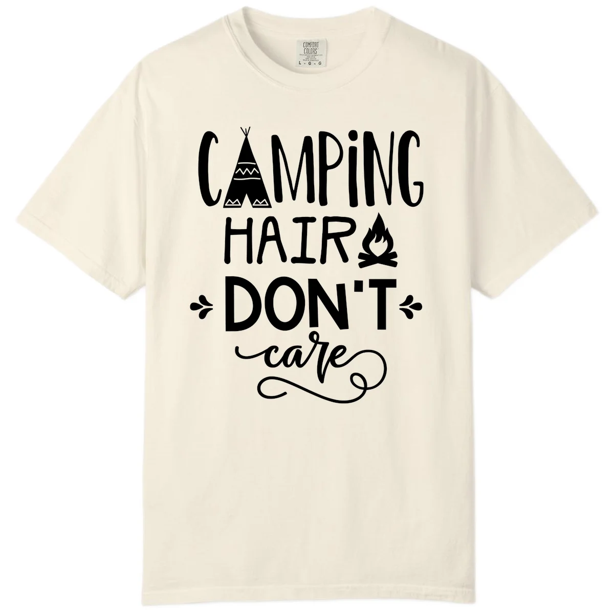 Camping hair don't care design with teepee, campfire, and decorative leaves on gray background in Ivory