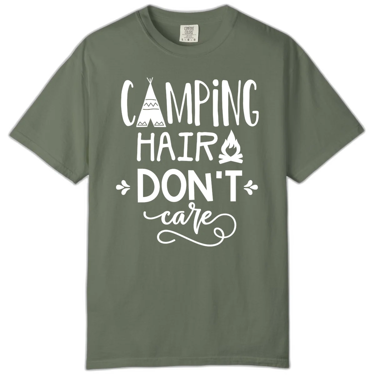 Camping hair don't care design with teepee, campfire, and decorative leaves on gray background in Moss