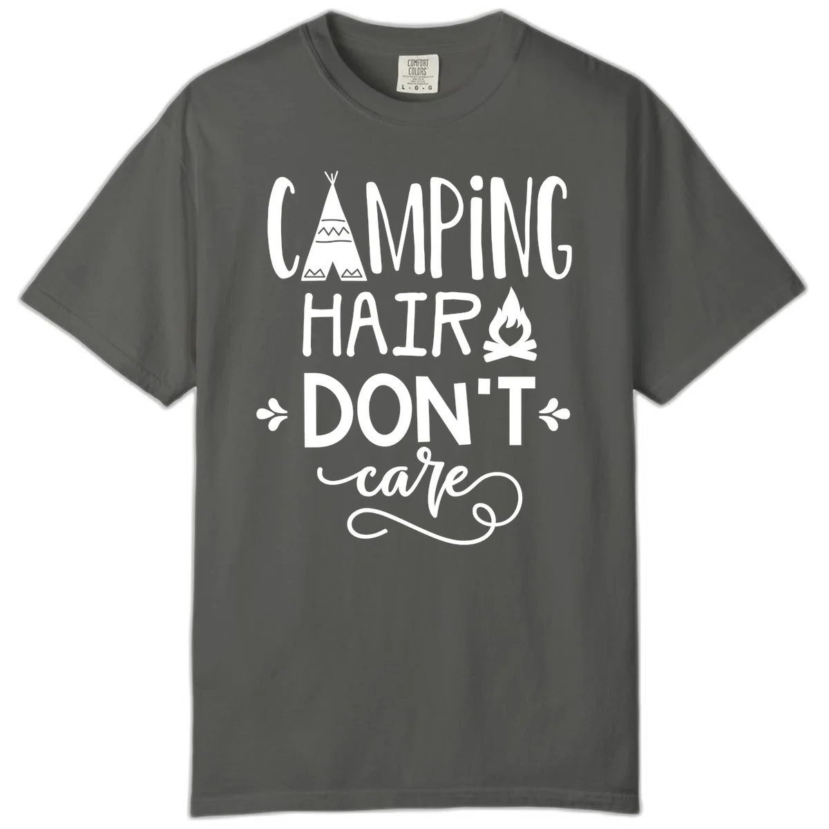 Camping hair don't care design with teepee, campfire, and decorative leaves on gray background in Pepper