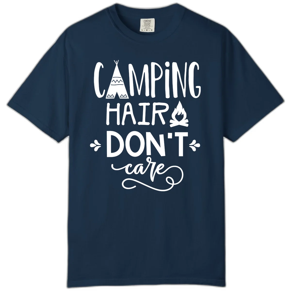 Camping hair don't care design with teepee, campfire, and decorative leaves on gray background in True Navy