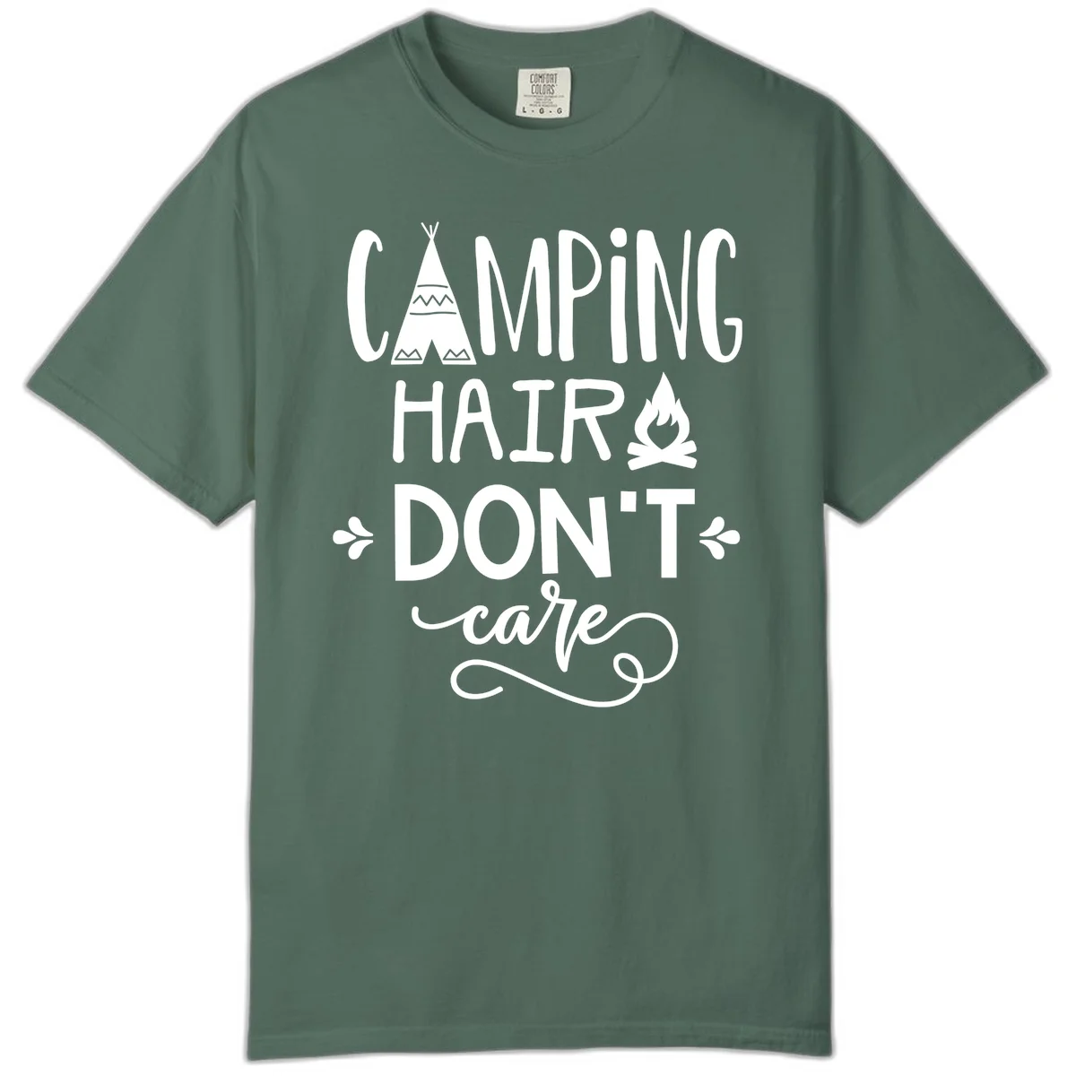 Camping hair don't care design with teepee, campfire, and decorative leaves on gray background in Blue Spruce