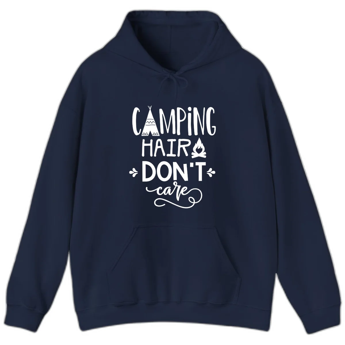 Camping hair don't care design with teepee, campfire, and decorative leaves on gray background in Navy