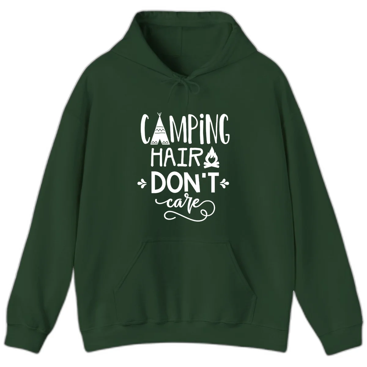 Camping hair don't care design with teepee, campfire, and decorative leaves on gray background in Forest Green