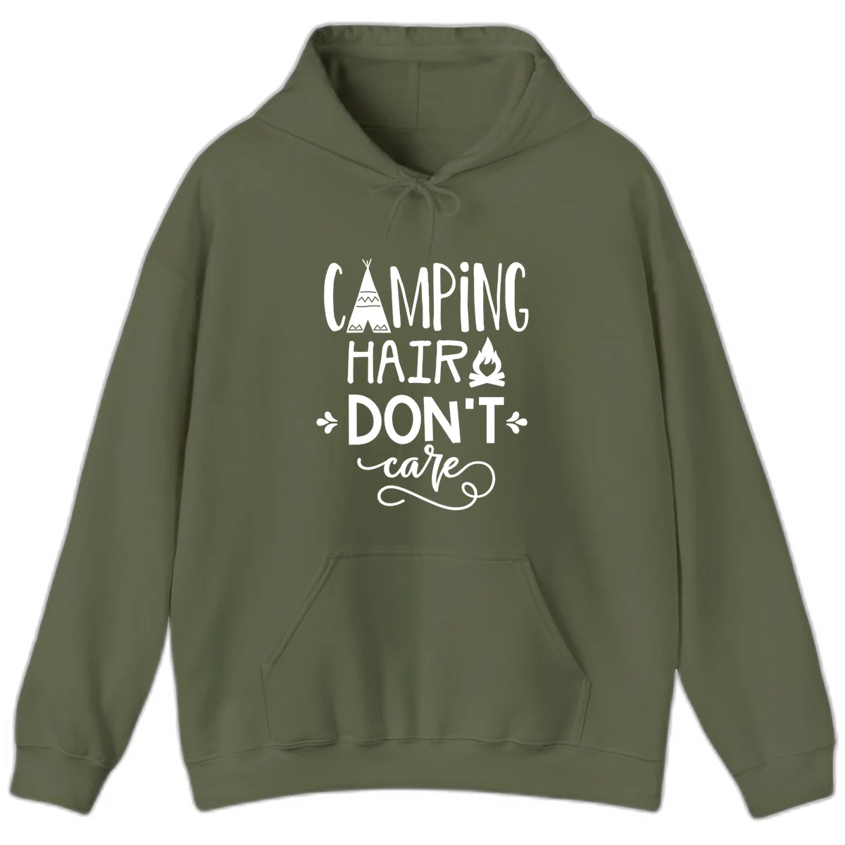 Camping hair don't care design with teepee, campfire, and decorative leaves on gray background in Military Green