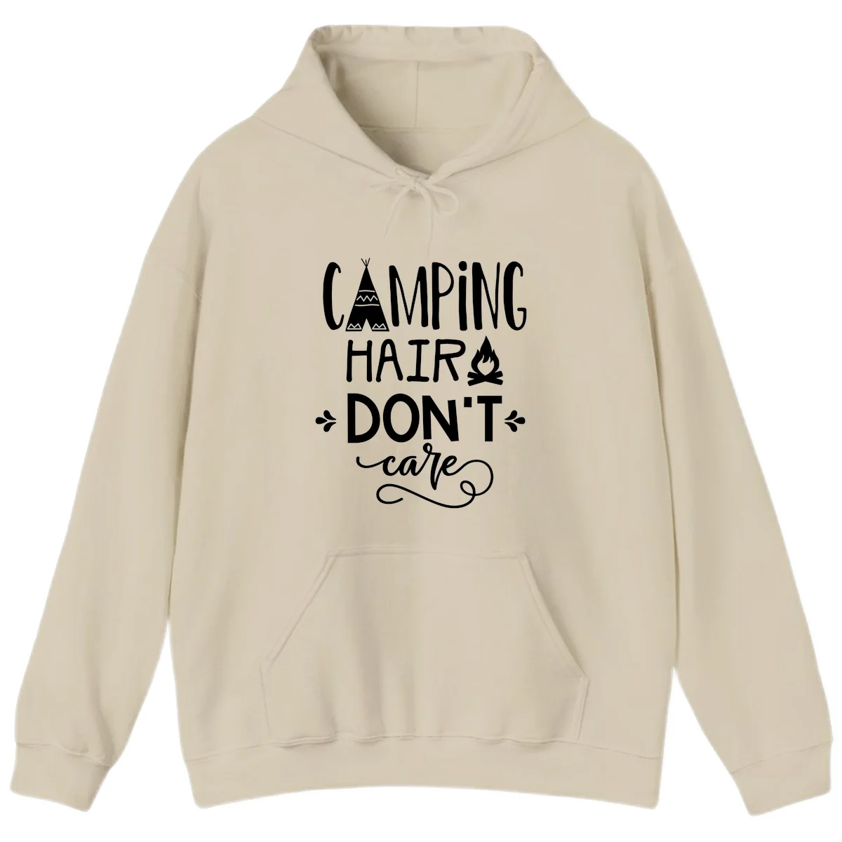 Camping hair don't care design with teepee, campfire, and decorative leaves on gray background in Sand