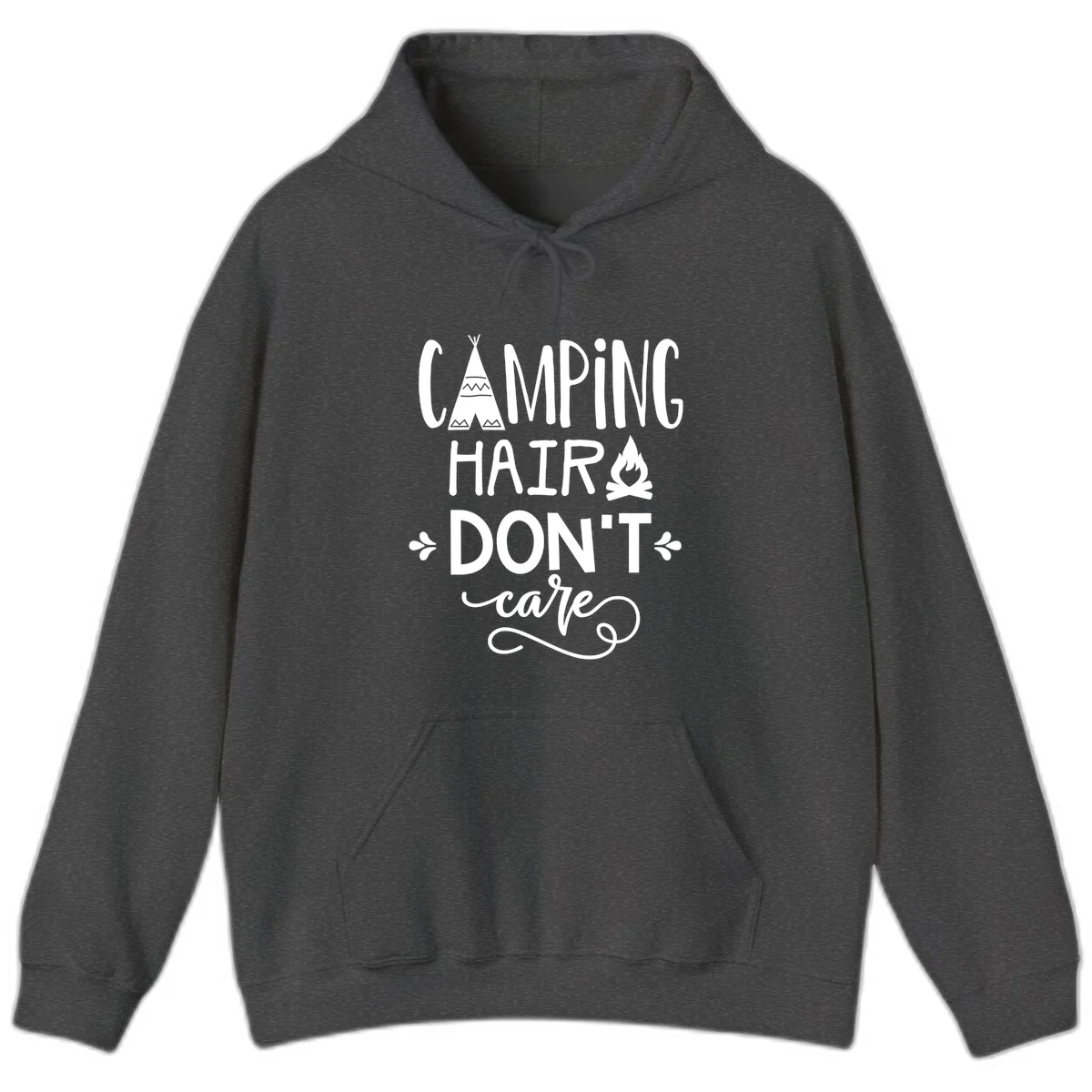 Camping hair don't care design with teepee, campfire, and decorative leaves on gray background in Dark Heather