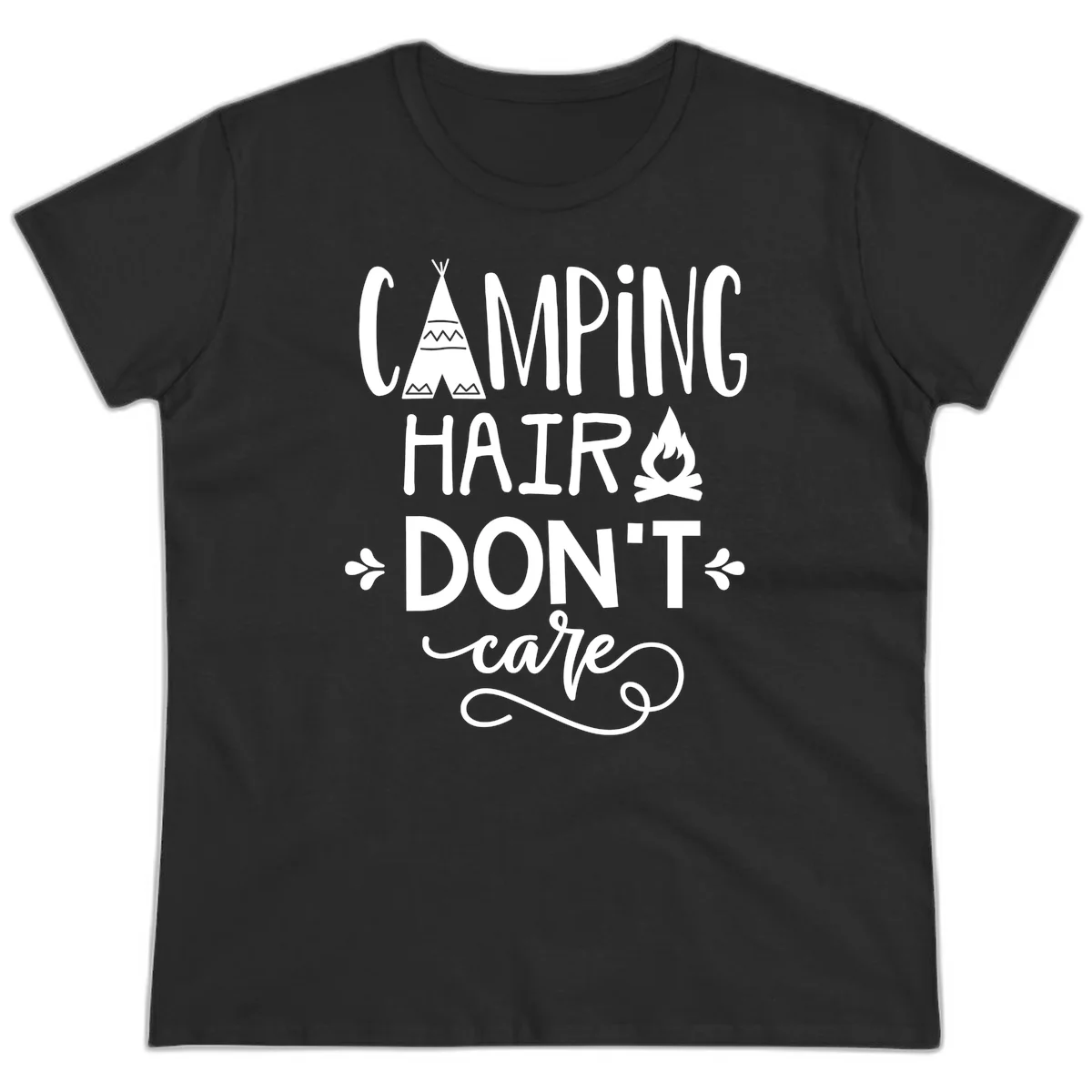 Camping hair don't care design with teepee, campfire, and decorative leaves on gray background in Black