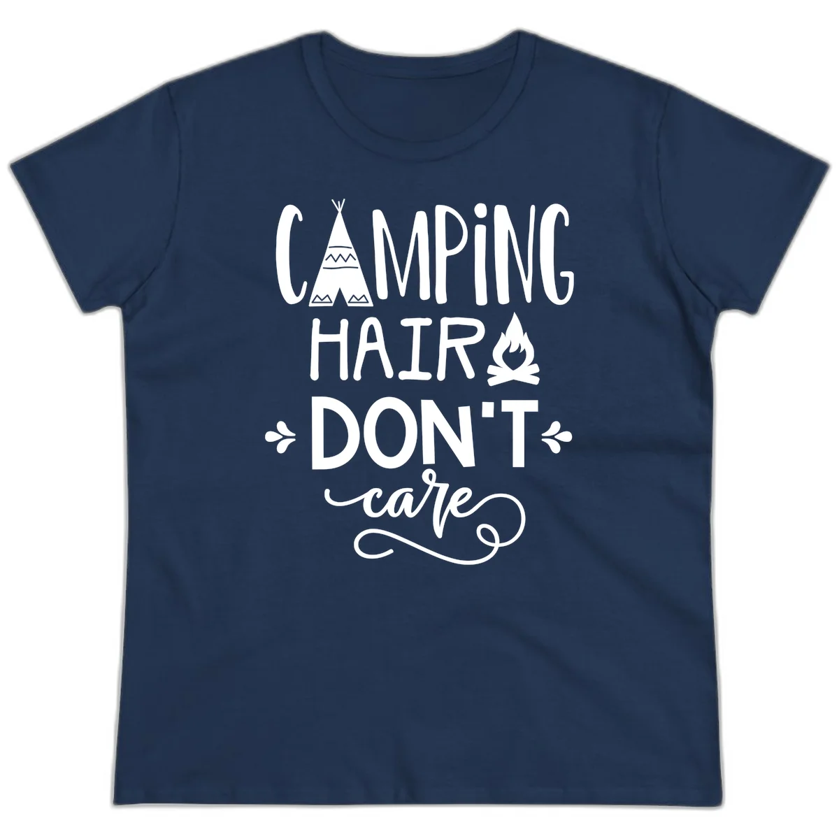 Camping hair don't care design with teepee, campfire, and decorative leaves on gray background in Navy