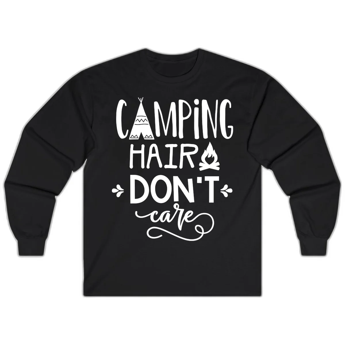 Camping hair don't care design with teepee, campfire, and decorative leaves on gray background in Black