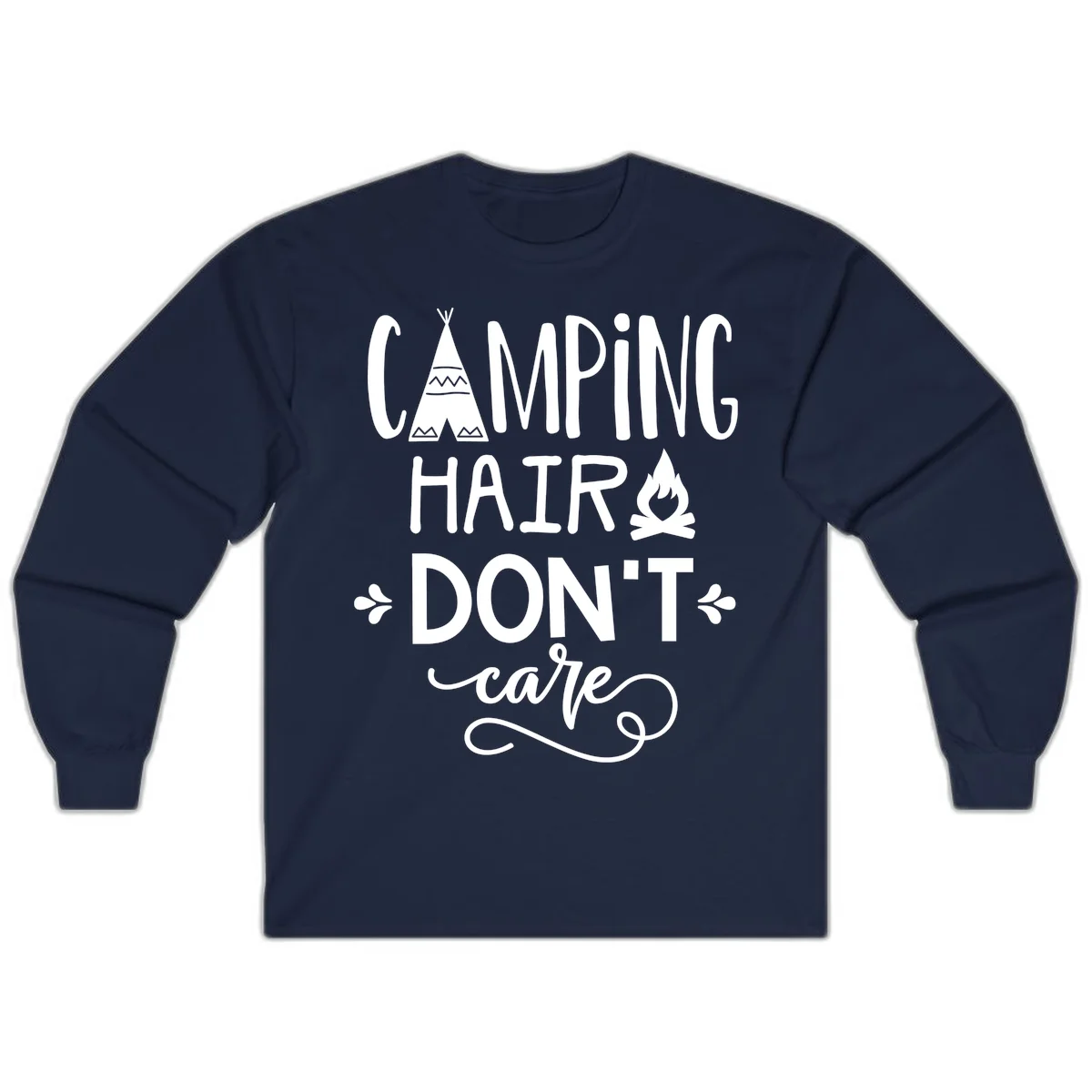 Camping hair don't care design with teepee, campfire, and decorative leaves on gray background in Navy