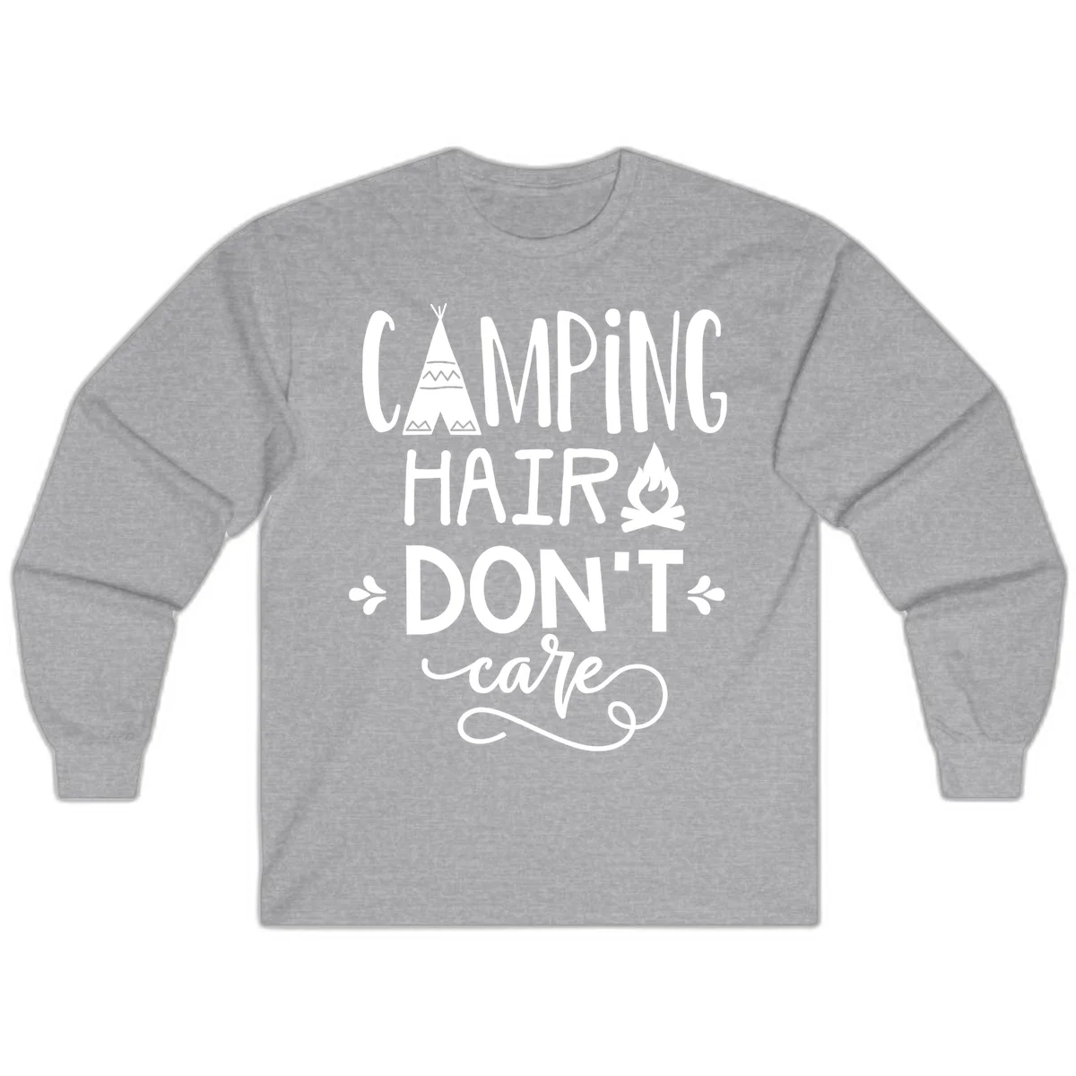 Camping hair don't care design with teepee, campfire, and decorative leaves on gray background in Sport Grey