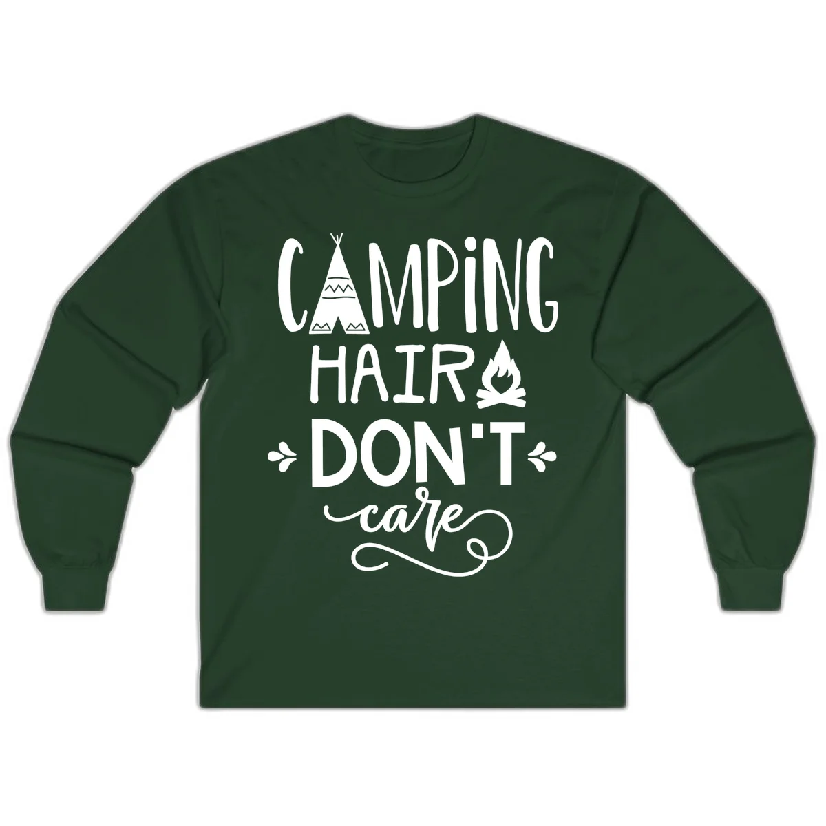 Camping hair don't care design with teepee, campfire, and decorative leaves on gray background in Forest Green