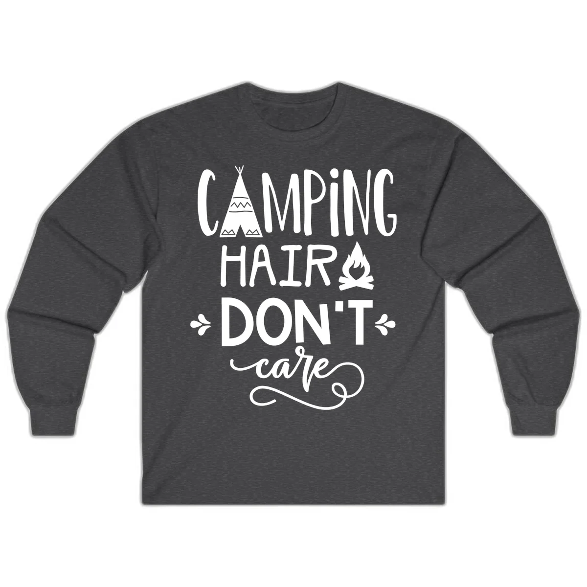 Camping hair don't care design with teepee, campfire, and decorative leaves on gray background in Dark Heather