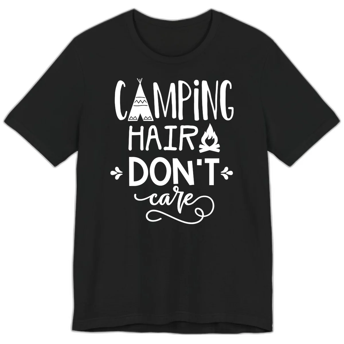 Camping hair don't care design with teepee, campfire, and decorative leaves on gray background in Black