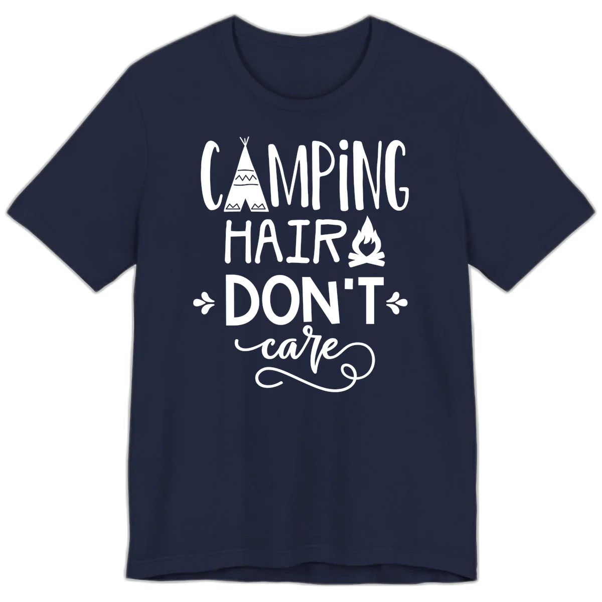 Camping hair don't care design with teepee, campfire, and decorative leaves on gray background in Navy