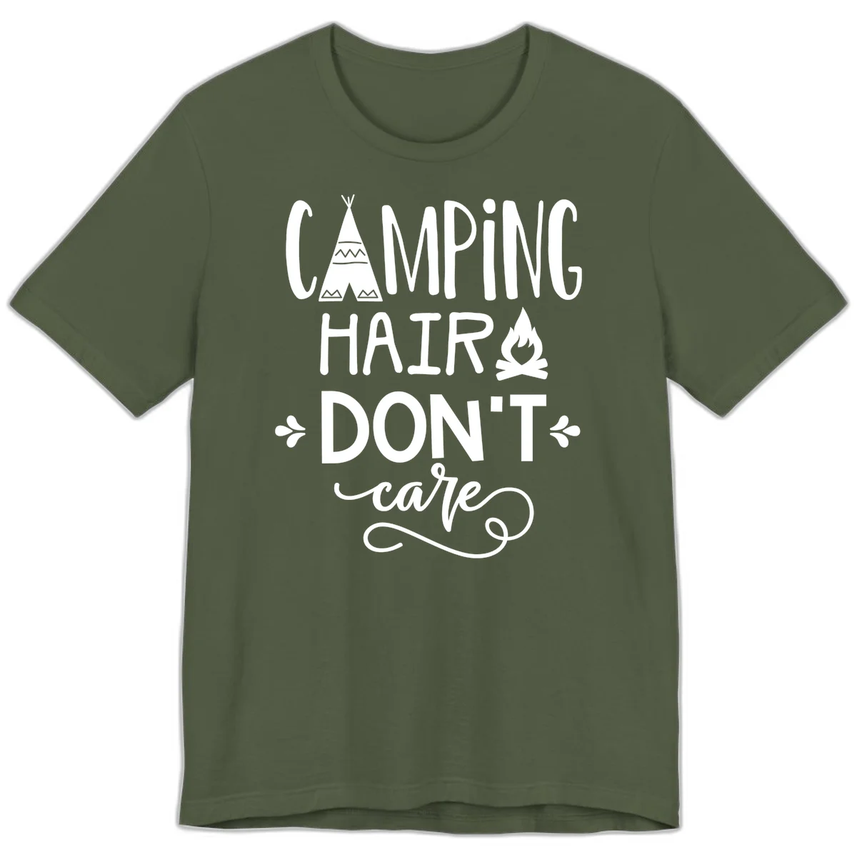 Camping hair don't care design with teepee, campfire, and decorative leaves on gray background in Military Green