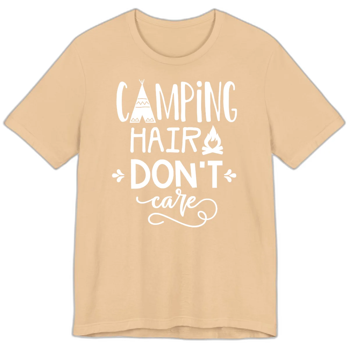 Camping hair don't care design with teepee, campfire, and decorative leaves on gray background in Sand Dune
