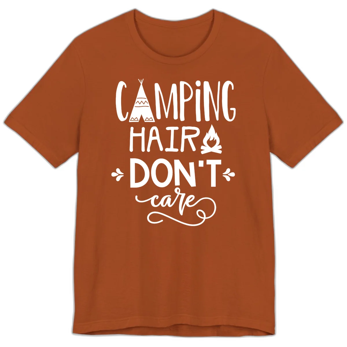 Camping hair don't care design with teepee, campfire, and decorative leaves on gray background in Autumn
