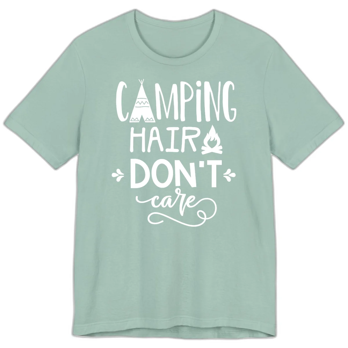 Camping hair don't care design with teepee, campfire, and decorative leaves on gray background in Dusty Blue