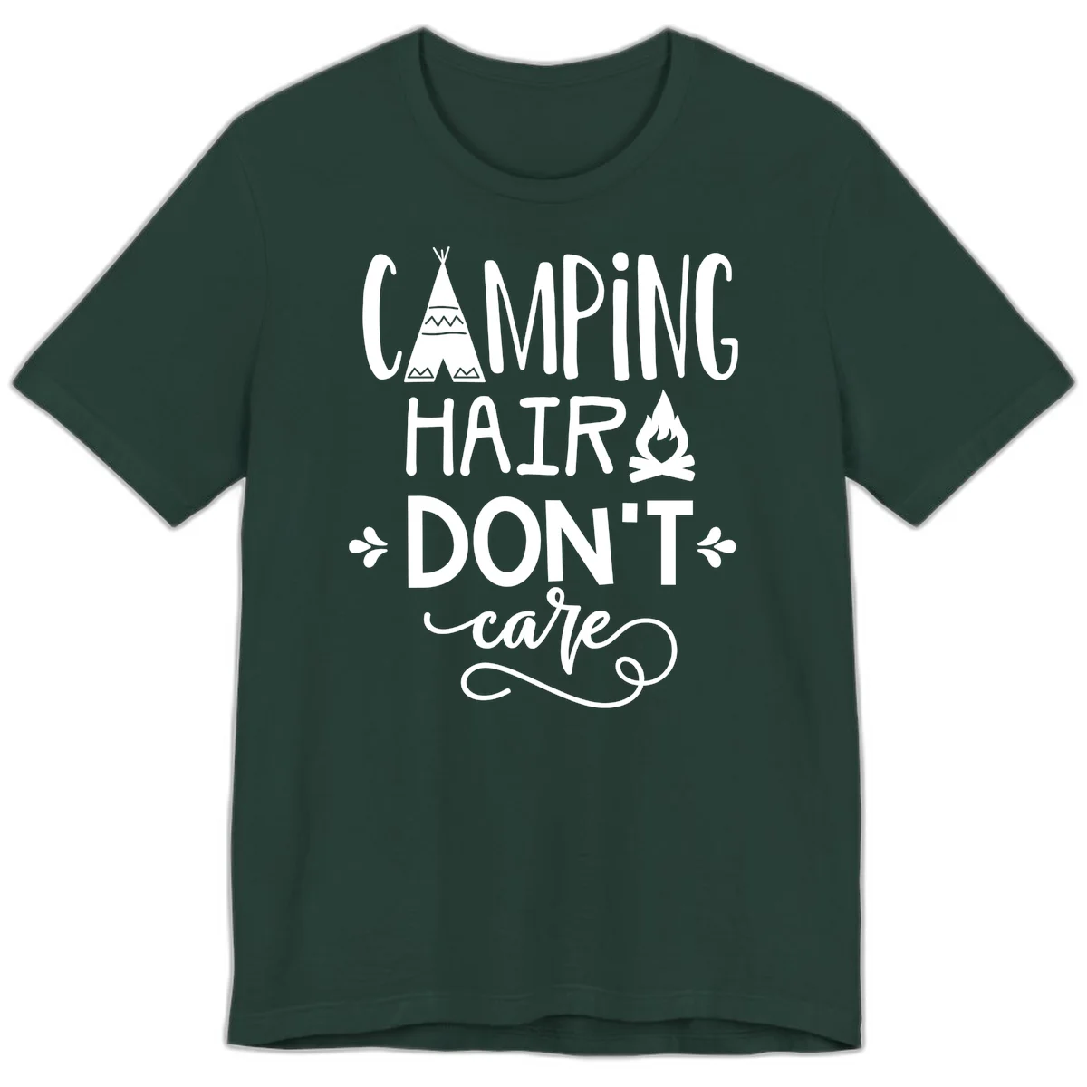 Camping hair don't care design with teepee, campfire, and decorative leaves on gray background in Forest
