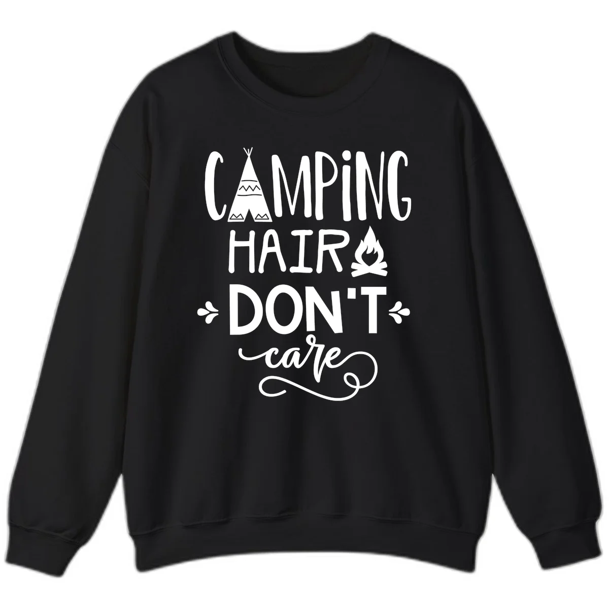 Camping hair don't care design with teepee, campfire, and decorative leaves on gray background in Black