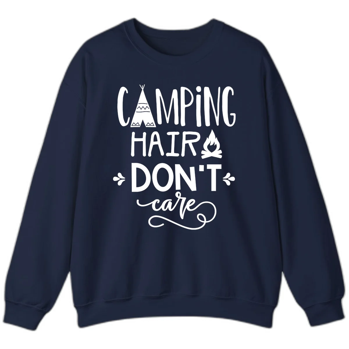 Camping hair don't care design with teepee, campfire, and decorative leaves on gray background in Navy