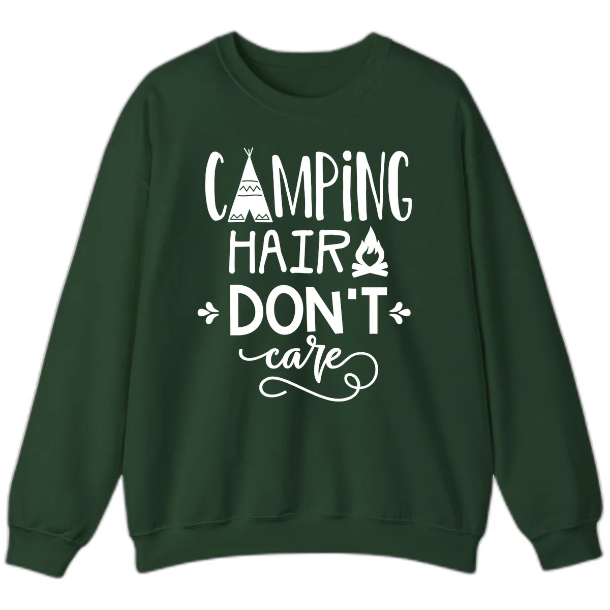 Camping hair don't care design with teepee, campfire, and decorative leaves on gray background in Forest Green