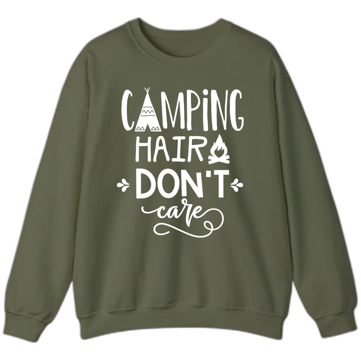 Camping hair don't care design with teepee, campfire, and decorative leaves on gray background in Military Green
