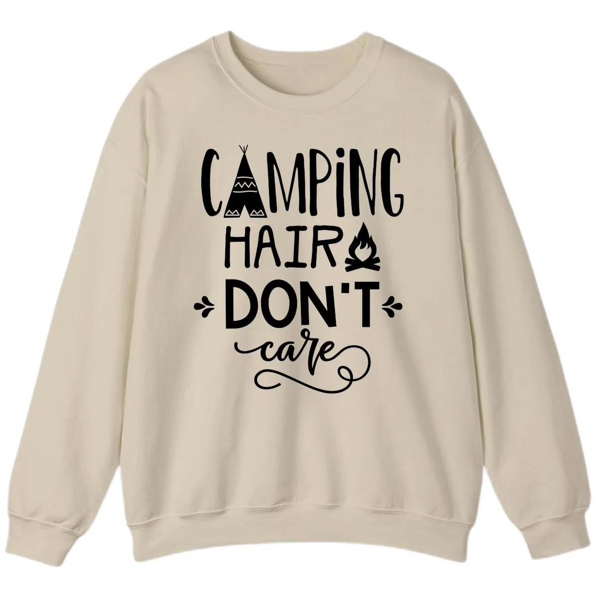 Camping hair don't care design with teepee, campfire, and decorative leaves on gray background in Sand