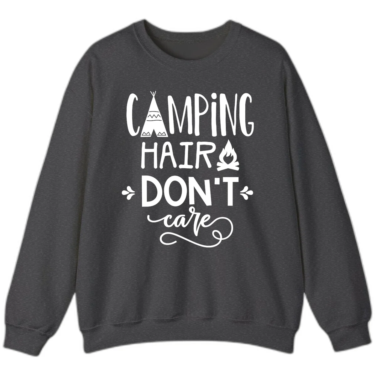 Camping hair don't care design with teepee, campfire, and decorative leaves on gray background in Dark Heather