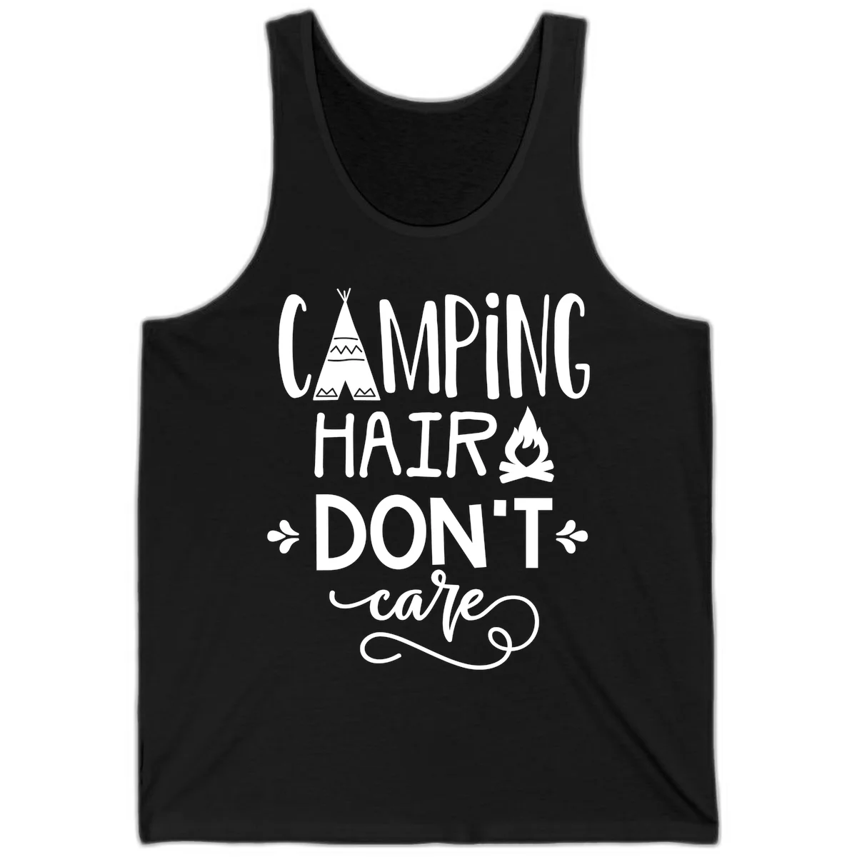 Camping hair don't care design with teepee, campfire, and decorative leaves on gray background in Black