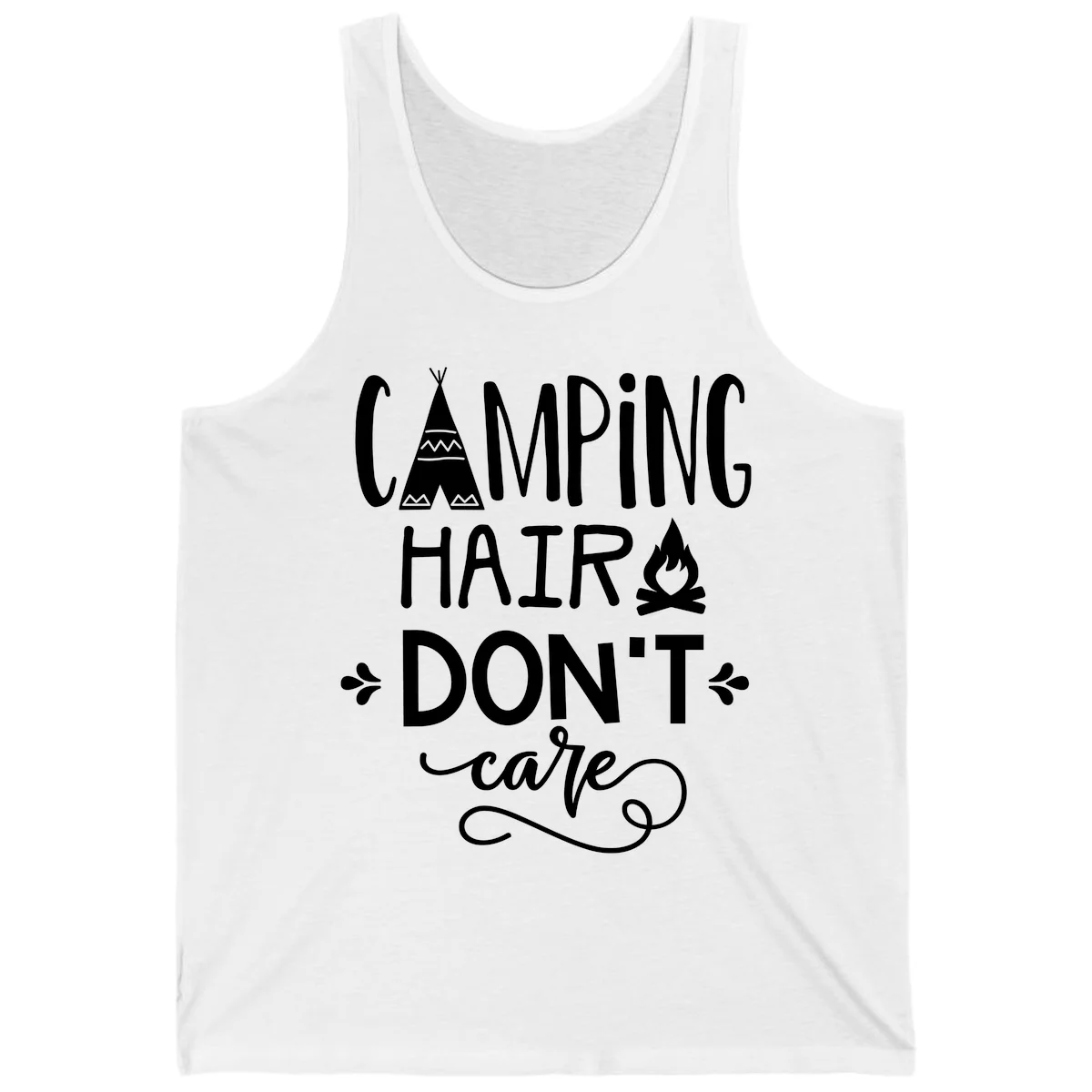 Camping hair don't care design with teepee, campfire, and decorative leaves on gray background in White