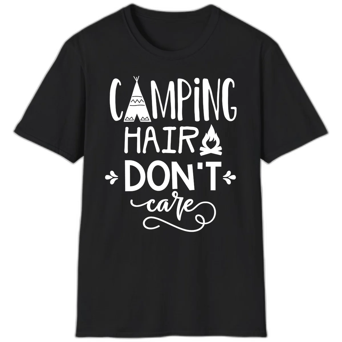 Camping hair don't care design with teepee, campfire, and decorative leaves on gray background in Black