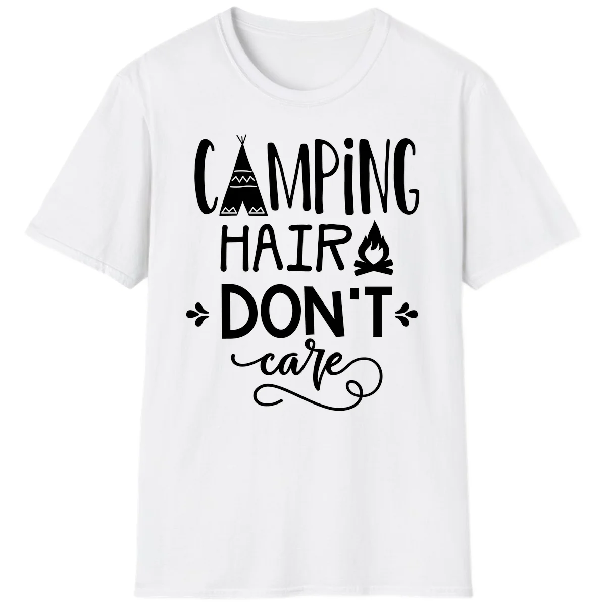 Camping hair don't care design with teepee, campfire, and decorative leaves on gray background in White