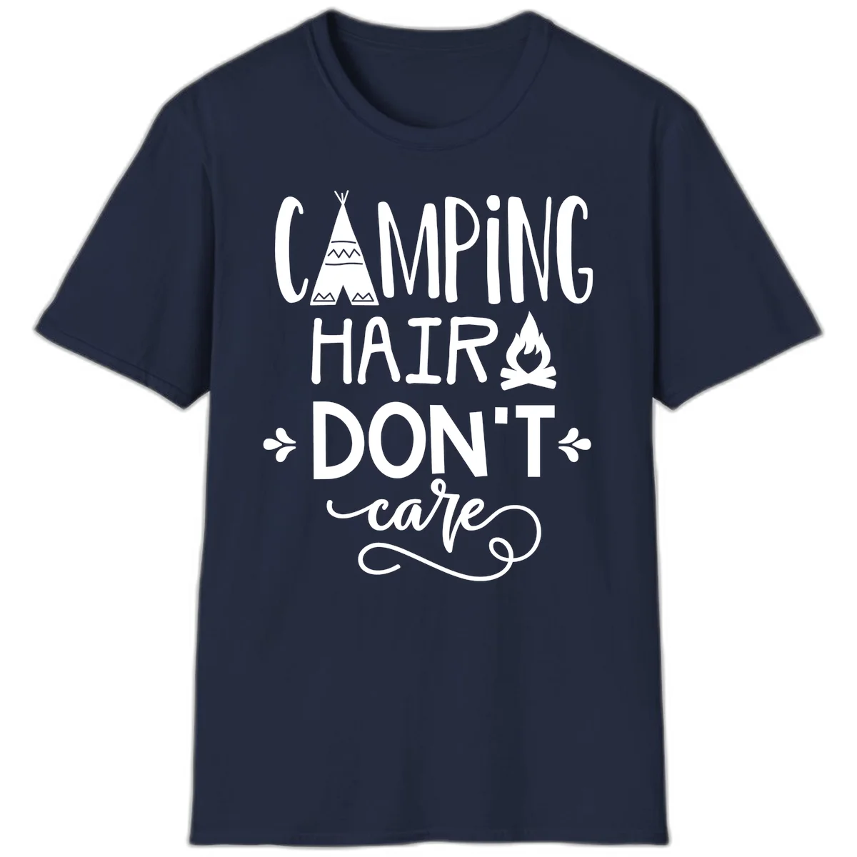 Camping hair don't care design with teepee, campfire, and decorative leaves on gray background in Navy