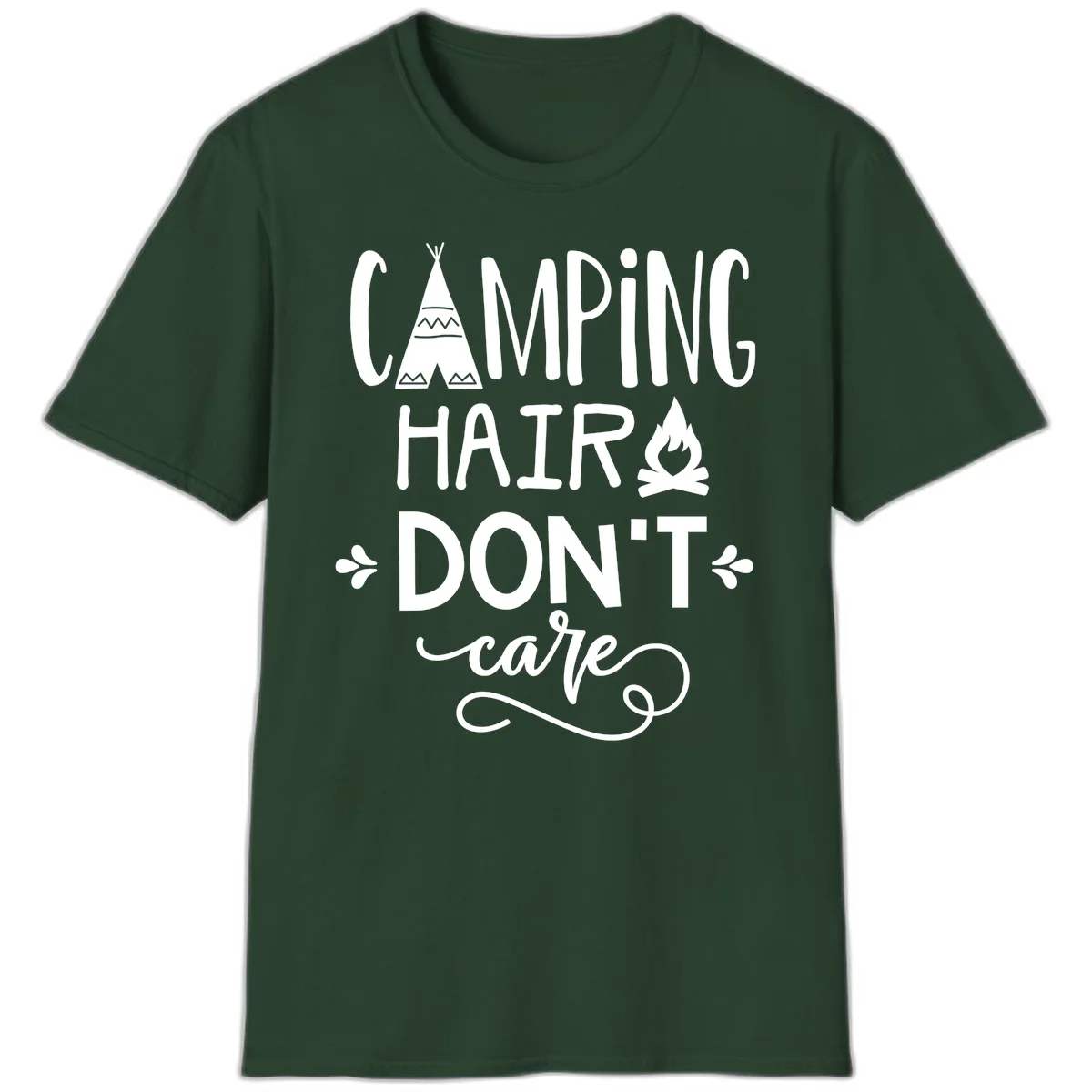 Camping hair don't care design with teepee, campfire, and decorative leaves on gray background in Forest Green