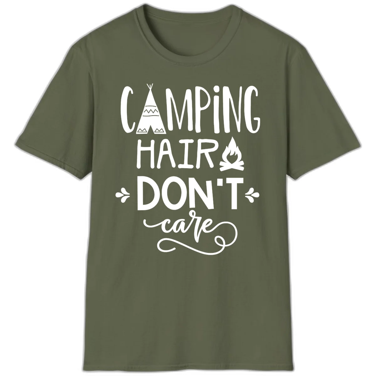 Camping hair don't care design with teepee, campfire, and decorative leaves on gray background in Military Green
