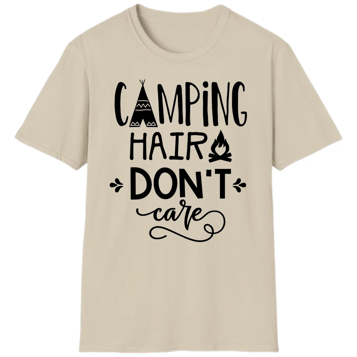 Camping hair don't care design with teepee, campfire, and decorative leaves on gray background in Sand
