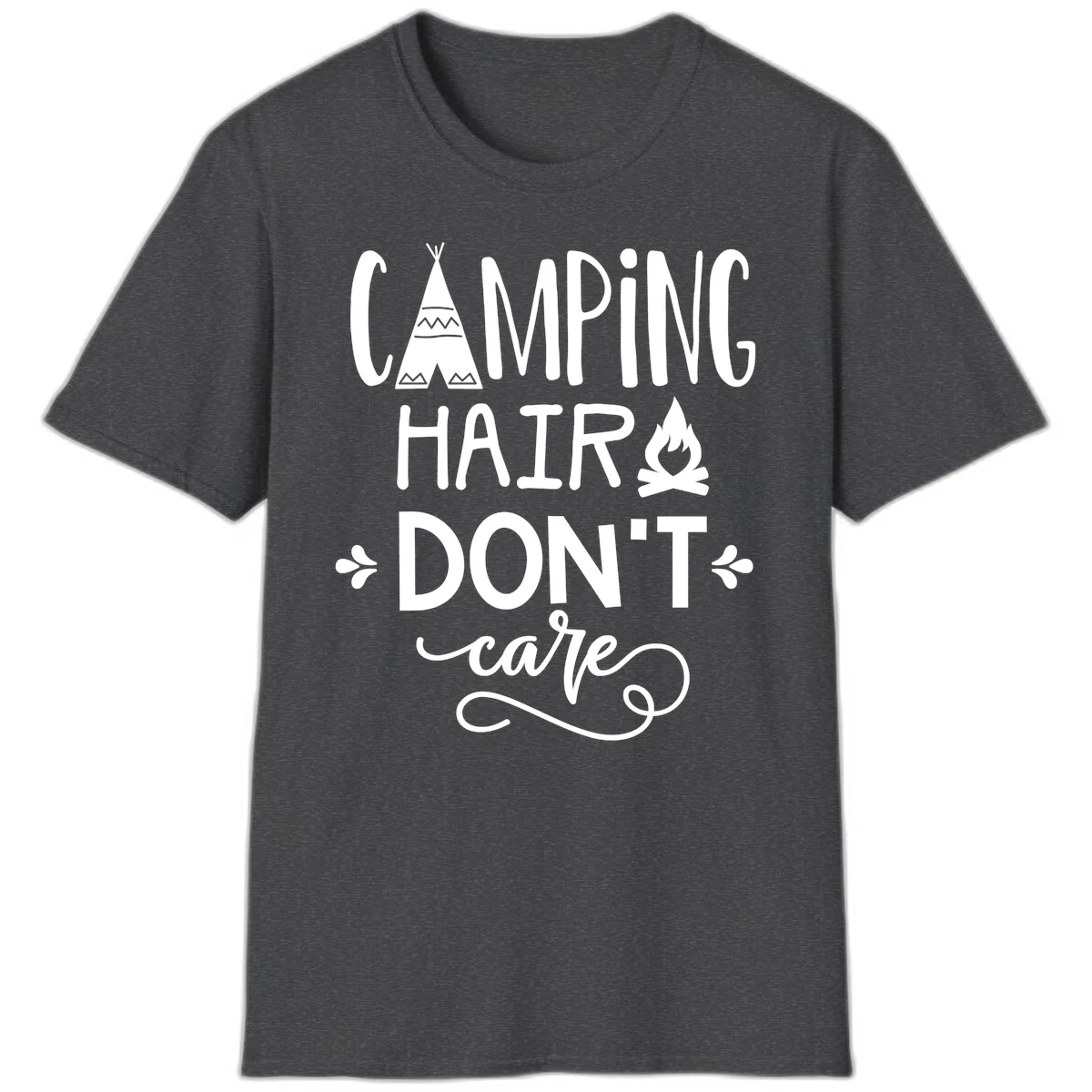Camping hair don't care design with teepee, campfire, and decorative leaves on gray background in Dark Heather