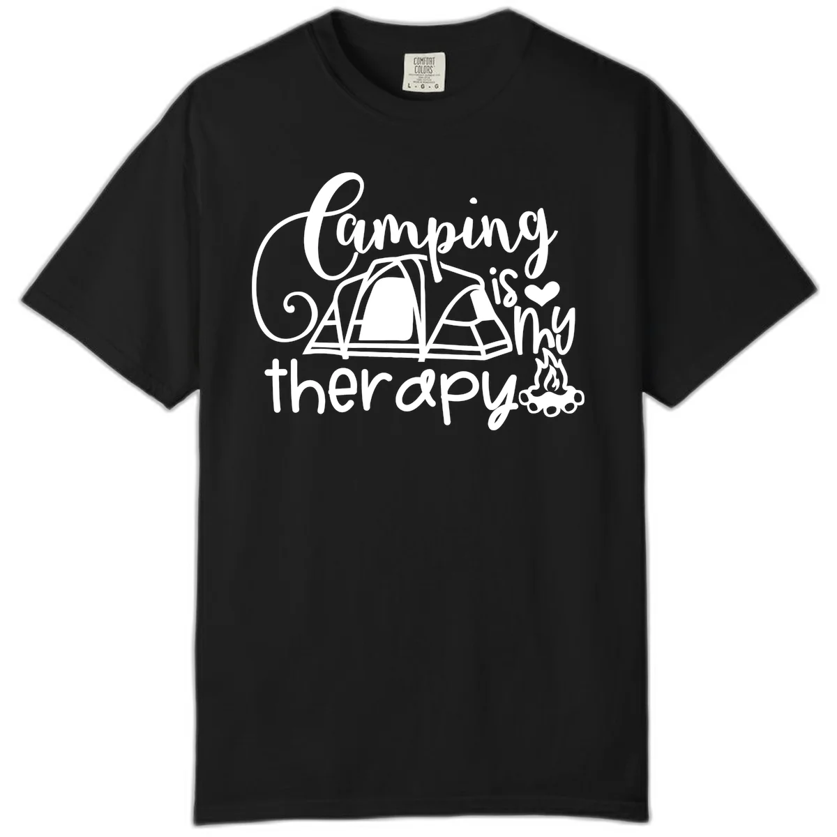 White lettered design reading 'Camping is Therapy' with heart symbol, tent, and campfire illustration on gray background in Black