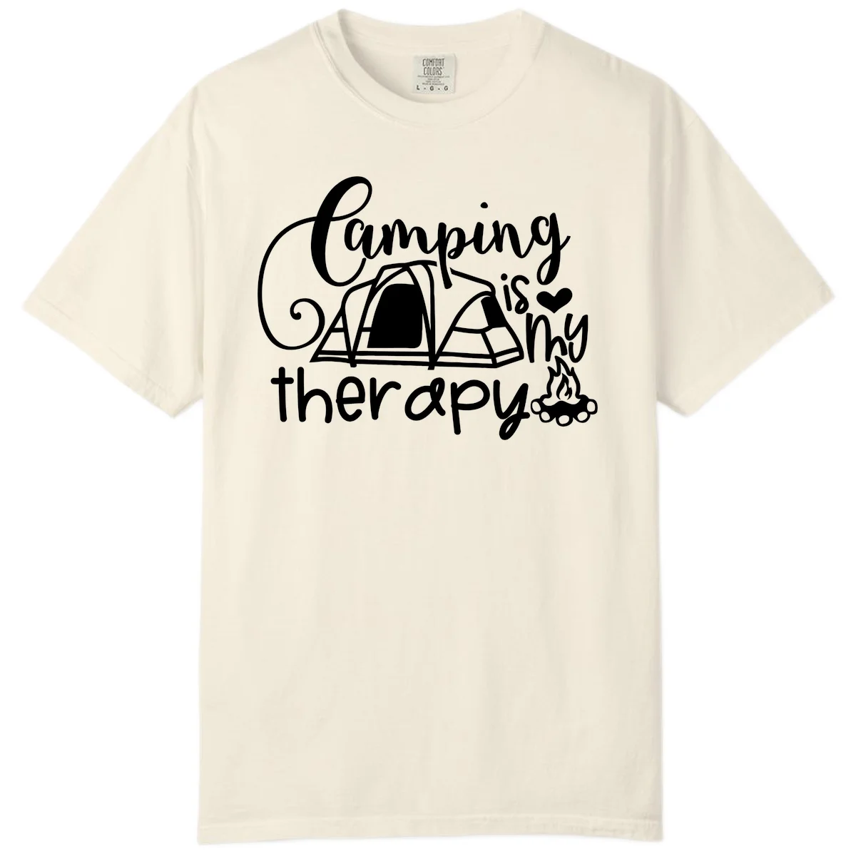 White lettered design reading 'Camping is Therapy' with heart symbol, tent, and campfire illustration on gray background in Ivory