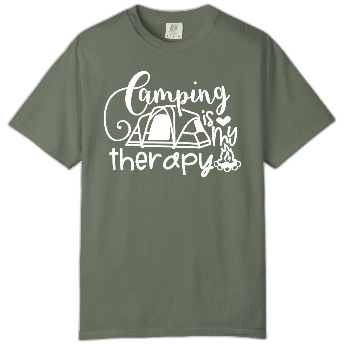 White lettered design reading 'Camping is Therapy' with heart symbol, tent, and campfire illustration on gray background in Moss