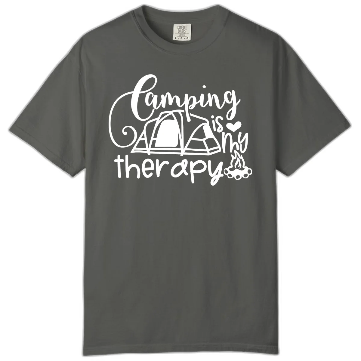 White lettered design reading 'Camping is Therapy' with heart symbol, tent, and campfire illustration on gray background in Pepper