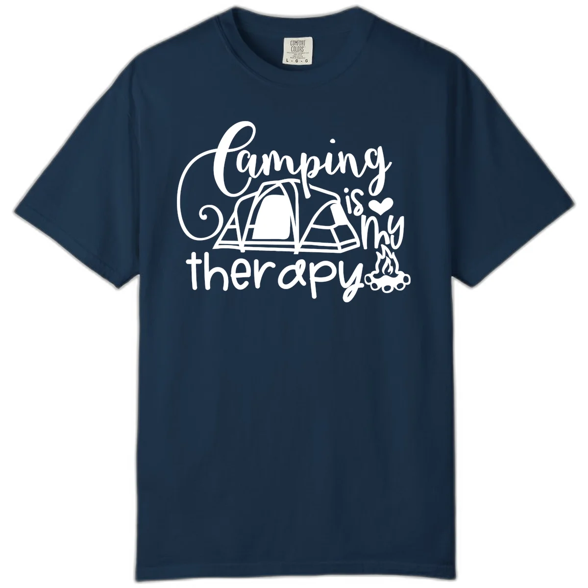 White lettered design reading 'Camping is Therapy' with heart symbol, tent, and campfire illustration on gray background in True Navy