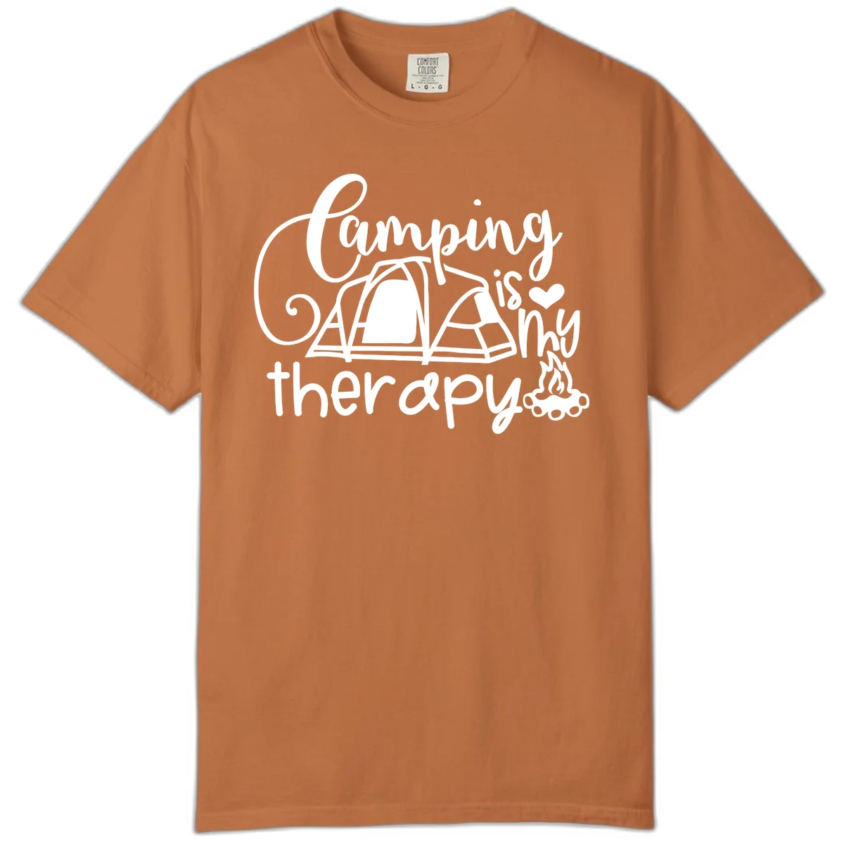 White lettered design reading 'Camping is Therapy' with heart symbol, tent, and campfire illustration on gray background in Yam