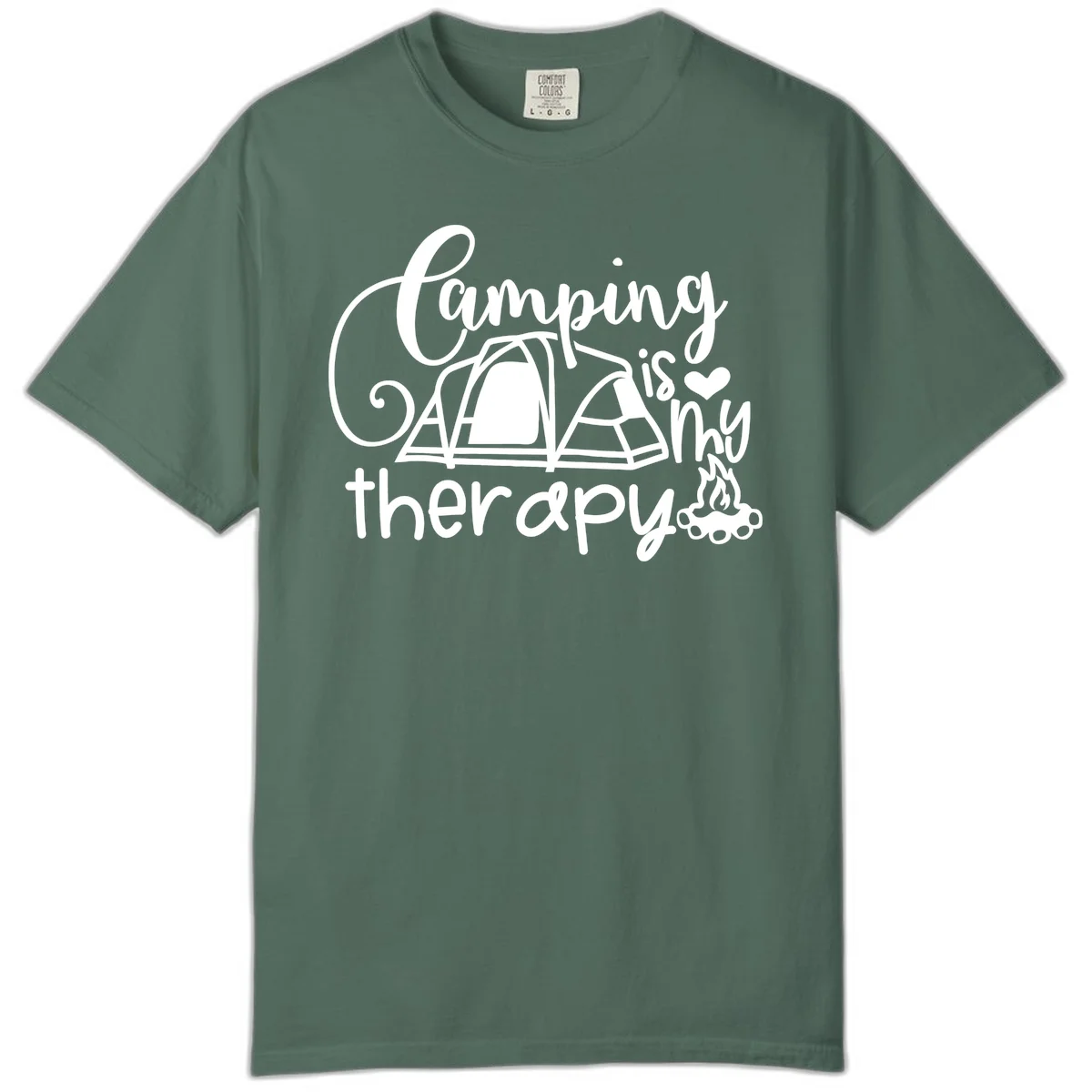 White lettered design reading 'Camping is Therapy' with heart symbol, tent, and campfire illustration on gray background in Blue Spruce