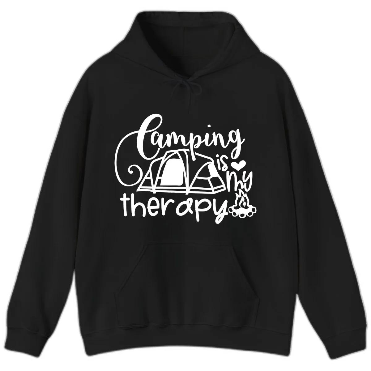 White lettered design reading 'Camping is Therapy' with heart symbol, tent, and campfire illustration on gray background in Black